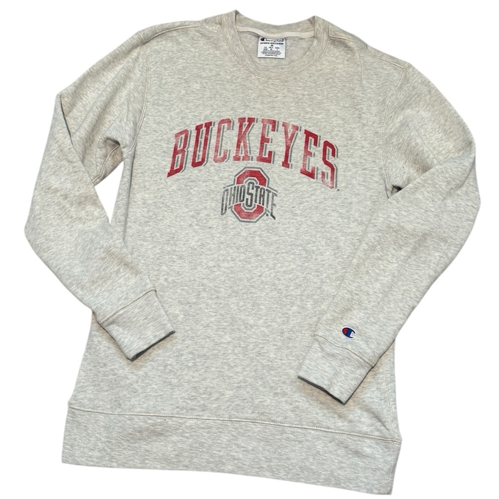 Champion Heather Oatmeal Longer Length Ladies Ohio State Buckeyes Crewneck